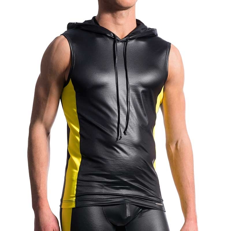 MANSTORE wet HOODIE TANK TOP M604 with fetish stripes in yellow
