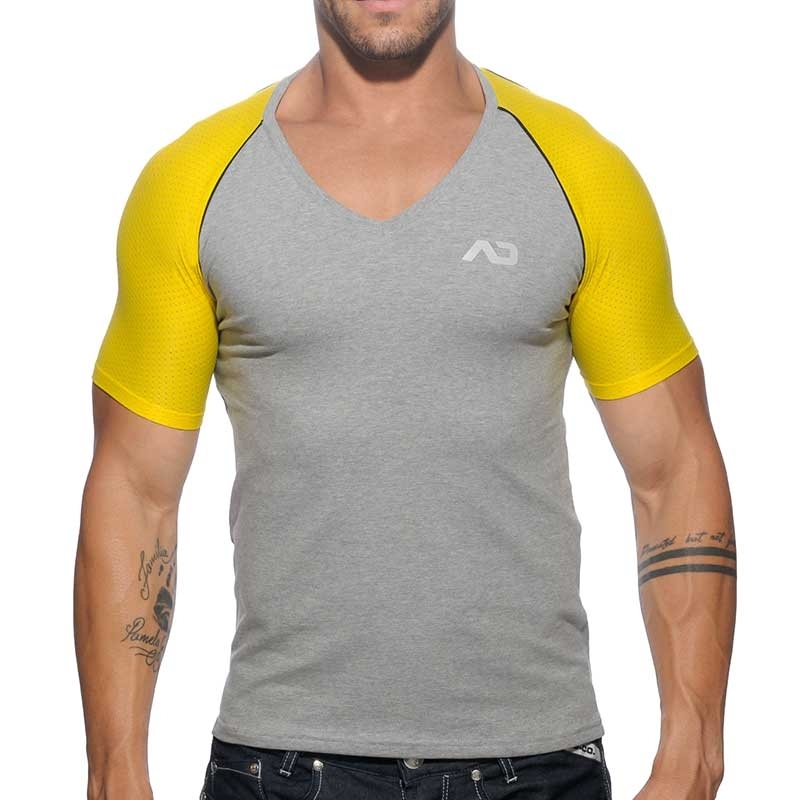 ADDICTED T-SHIRT athletik Rennen V-NECK RANGLAN Sport Netz AD-460 Sportbekleidung grey-yellow
