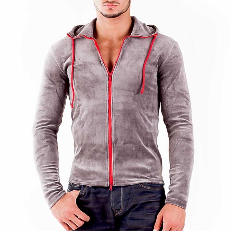 WAGNER Berlin 183071 CARDIGAN Used Look slim Zipp SWEATER Style Streetwear grey-red