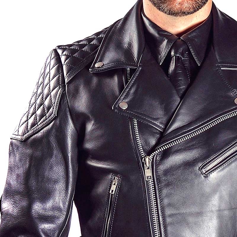 MISTER B designer leather biker jacket with quilted pattern and belt