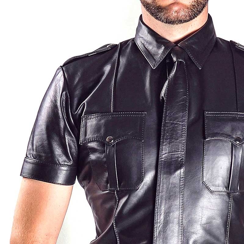 MISTER B high quality leather police shirt with button collar