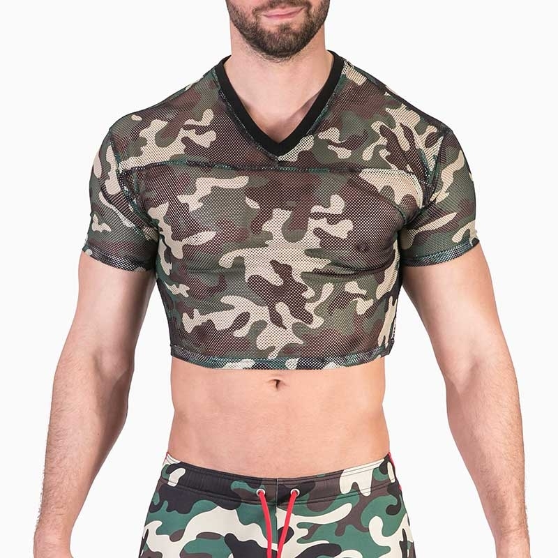 BARCODE Berlin T-SHIRT army mesh 91487 half top in camouflage green