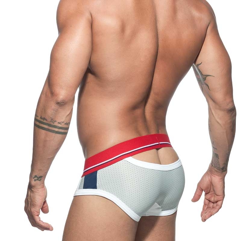The backless panties with a half open-free ass addicted to the mesh in  grey-red of the AD740 Style in Large XS-3XL