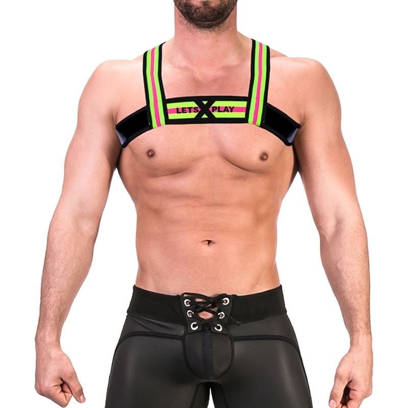 BARCODE Berlin wet HARNESS top 91677 thong in neon green with pink
