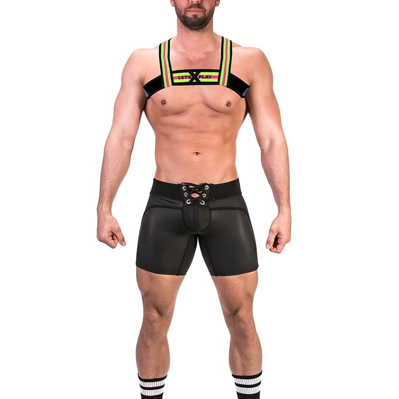 BARCODE Berlin wet HARNESS top 91677 thong in neon green with pink
