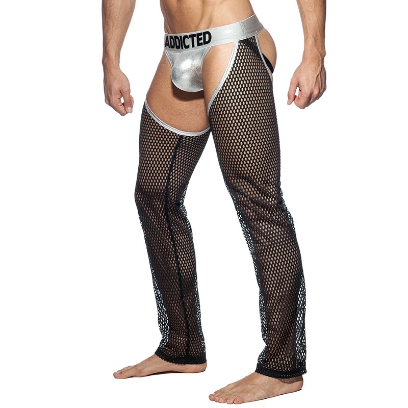 ADDICTED wet mesh JOCKSTRAP-CHAPS AD860 grating Push-Up in black-silver