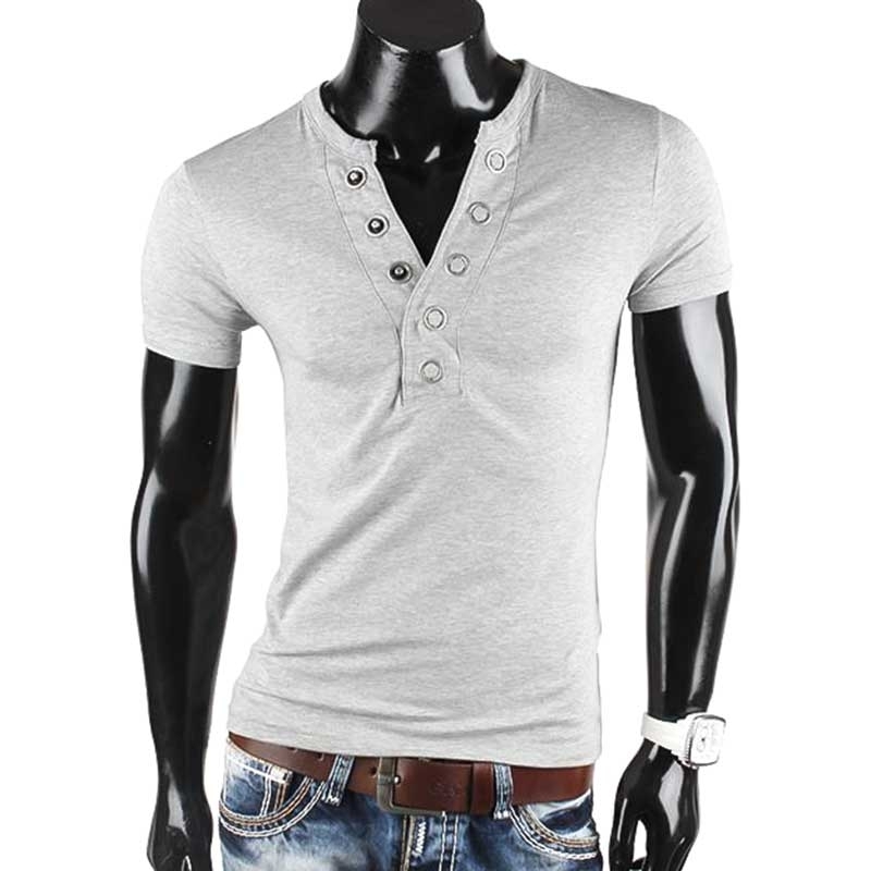 Gray mottled V-neck t-shirt with metal buttons for a cool style